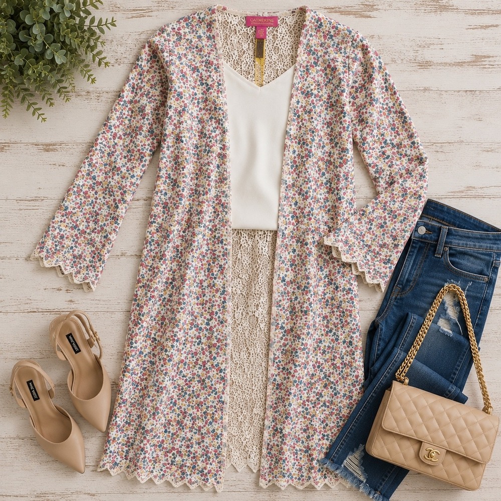 Catherine Malandrino Duster Cardigan Women Size 12 Multi Floral Lace Longline